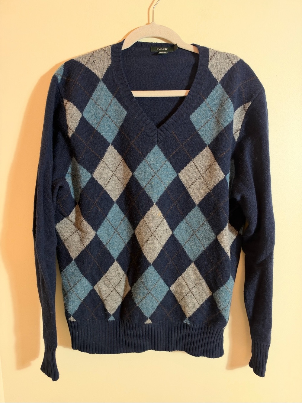 J. Crew Vintage 2007 Y2K Era Navy & Teal Argyle V-Neck Sweater Large